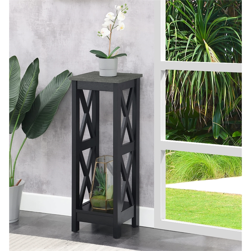 Convenience Concepts Oxford Tall Plant Stand in Black Wood and Faux Cement Top