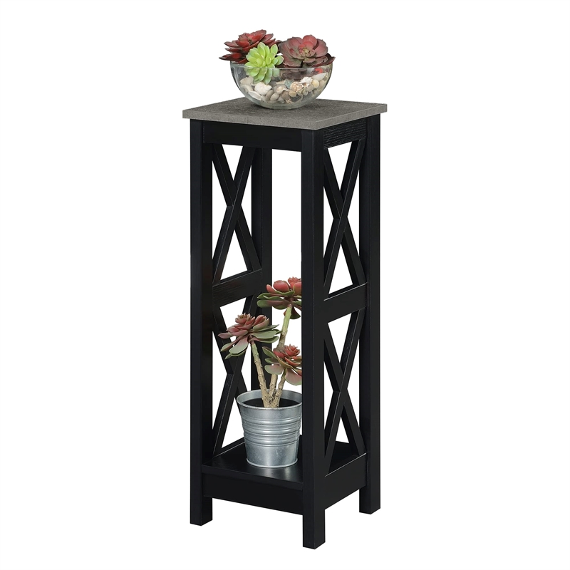 Convenience Concepts Oxford Tall Plant Stand in Black Wood and Faux Cement Top