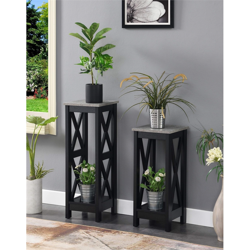 Convenience Concepts Oxford Tall Plant Stand in Black Wood and Faux Cement Top