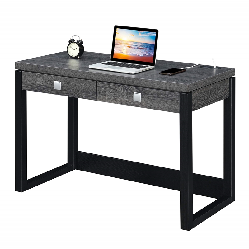 Convenience Concepts Newport Two-Drawer Desk with Charging Station in Gray Wood
