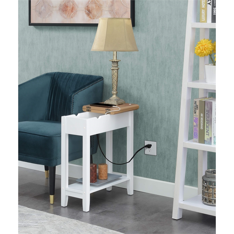 American Heritage Flip Top End Table with Charging Station in White Wood Finish