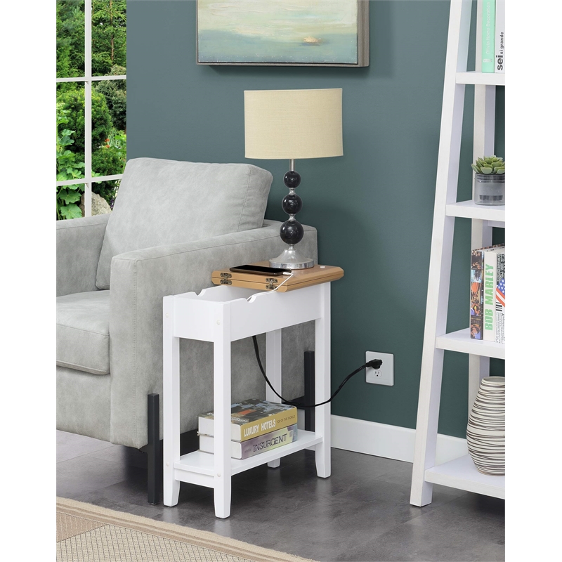 American Heritage Flip Top End Table with Charging Station in White Wood Finish