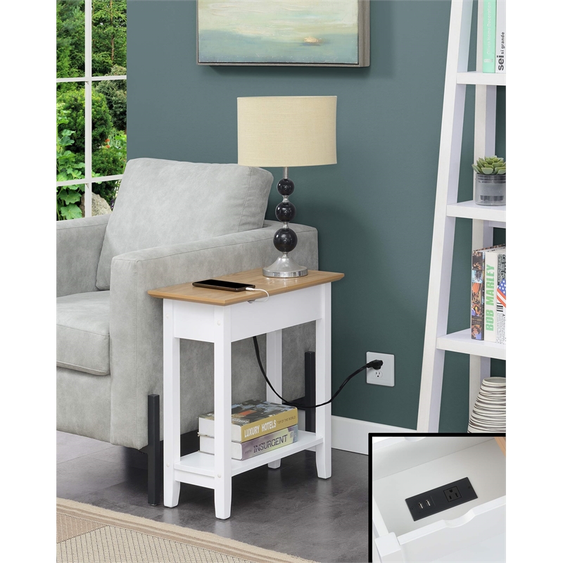 American Heritage Flip Top End Table with Charging Station in White Wood Finish