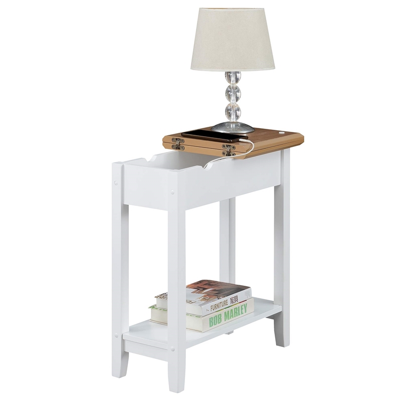 American Heritage Flip Top End Table with Charging Station in White Wood Finish