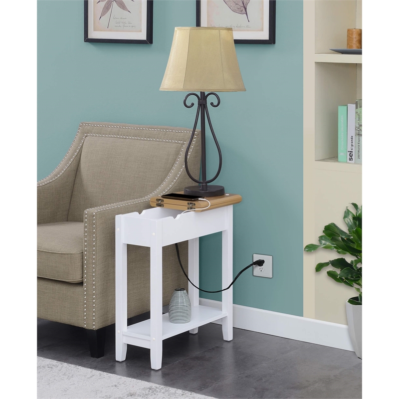 American Heritage Flip Top End Table with Charging Station in White Wood Finish