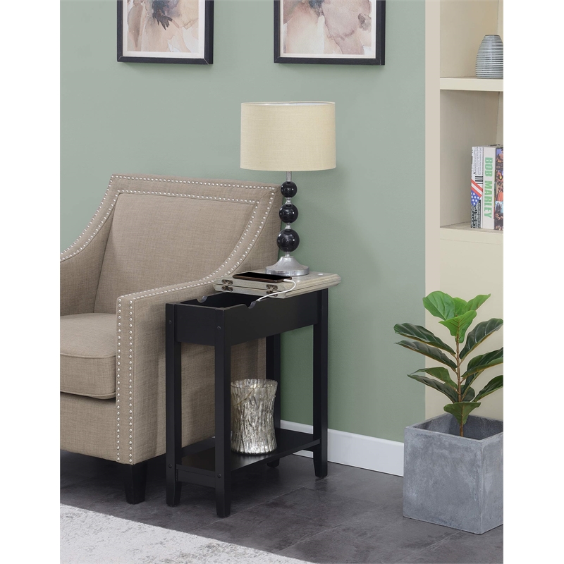 American Heritage Flip Top End Table with Charging Station in Black Wood Finish