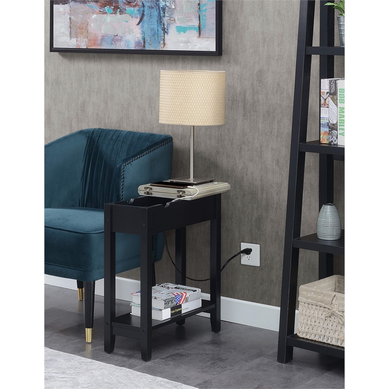 American Heritage Flip Top End Table with Charging Station in Black Wood Finish