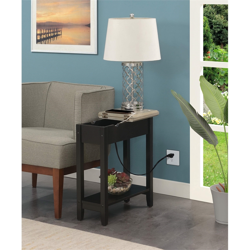 American Heritage Flip Top End Table with Charging Station in Black Wood Finish