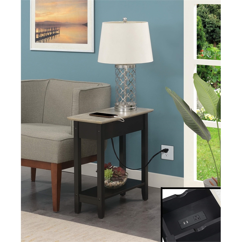American Heritage Flip Top End Table with Charging Station in Black Wood Finish