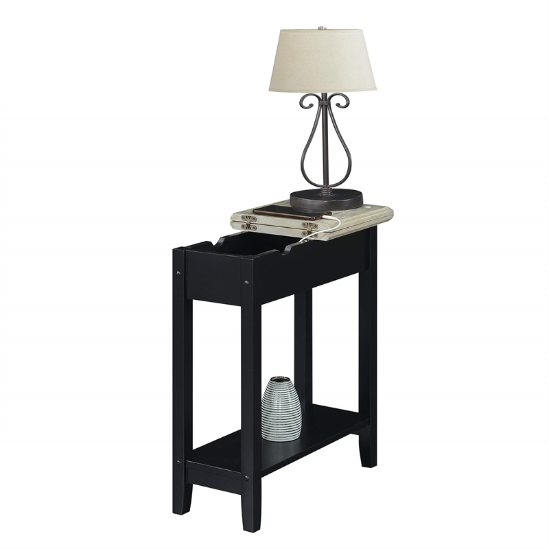 American Heritage Flip Top End Table with Charging Station in Black Wood Finish
