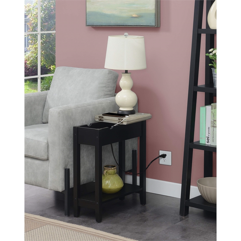 American Heritage Flip Top End Table with Charging Station in Black Wood Finish