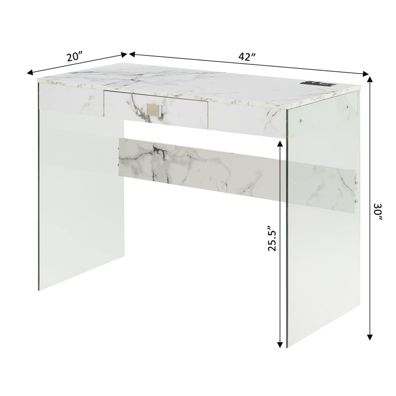 SoHo 42-Inch Glass Desk with Charging Station with White Faux Marble Wood Top