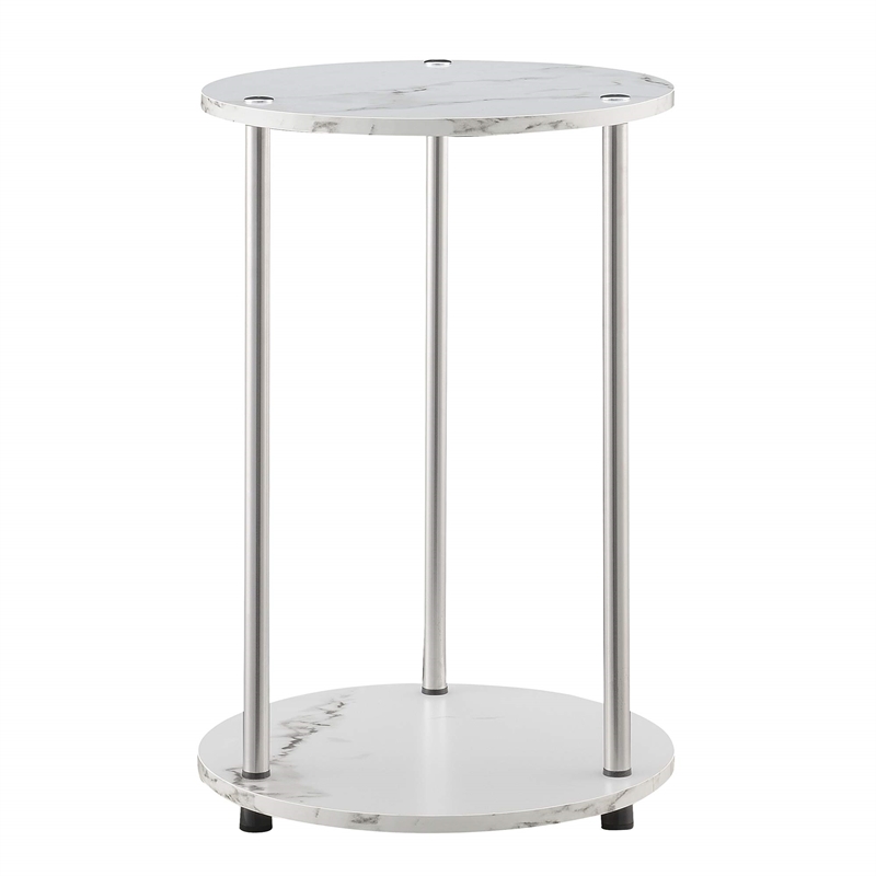 Designs2Go No Tools Two-Tier Round End Table in White Faux Marble Wood Finish
