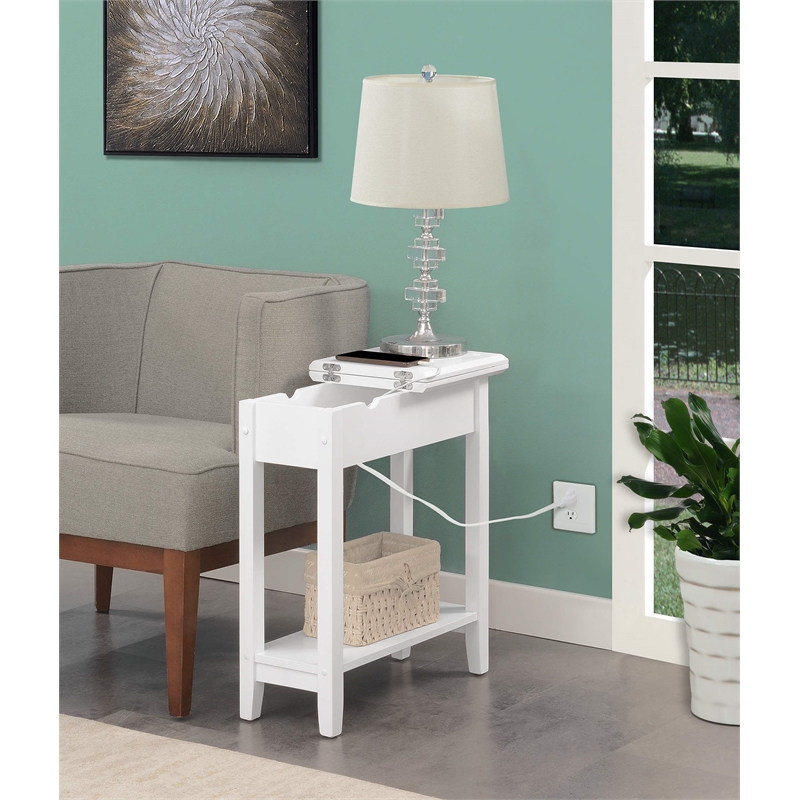 American Heritage Flip-Top End Table with Charging Station in White Wood Finish