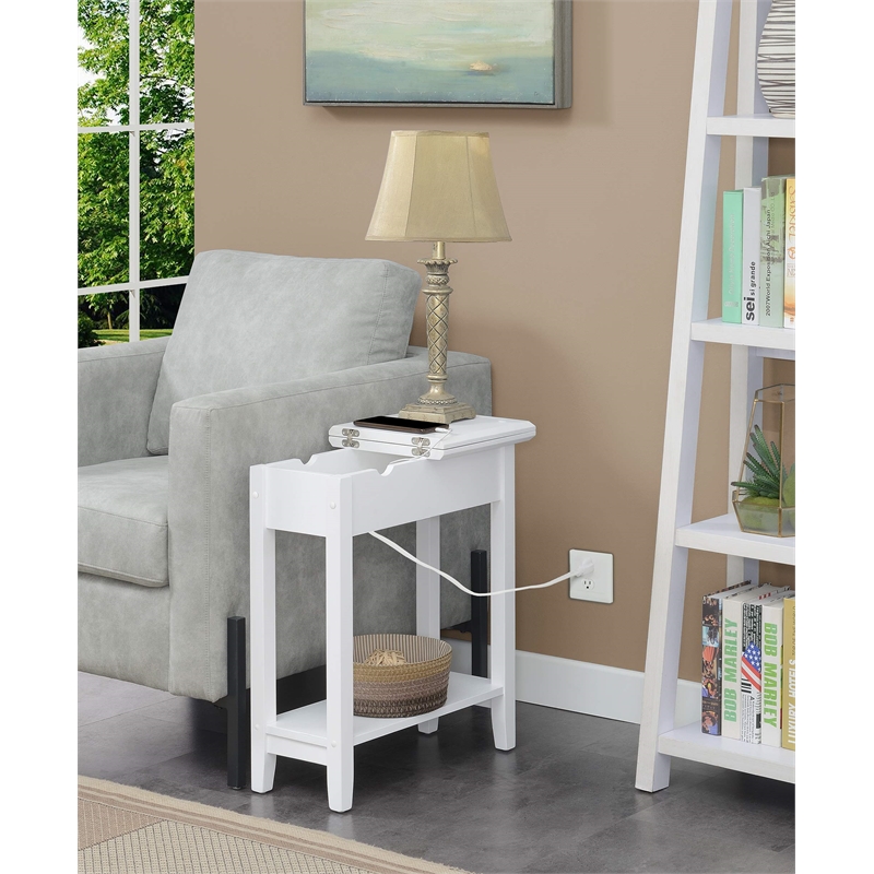 American Heritage Flip-Top End Table with Charging Station in White Wood Finish
