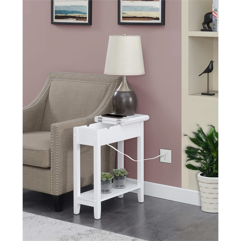 American Heritage Flip-Top End Table with Charging Station in White Wood Finish