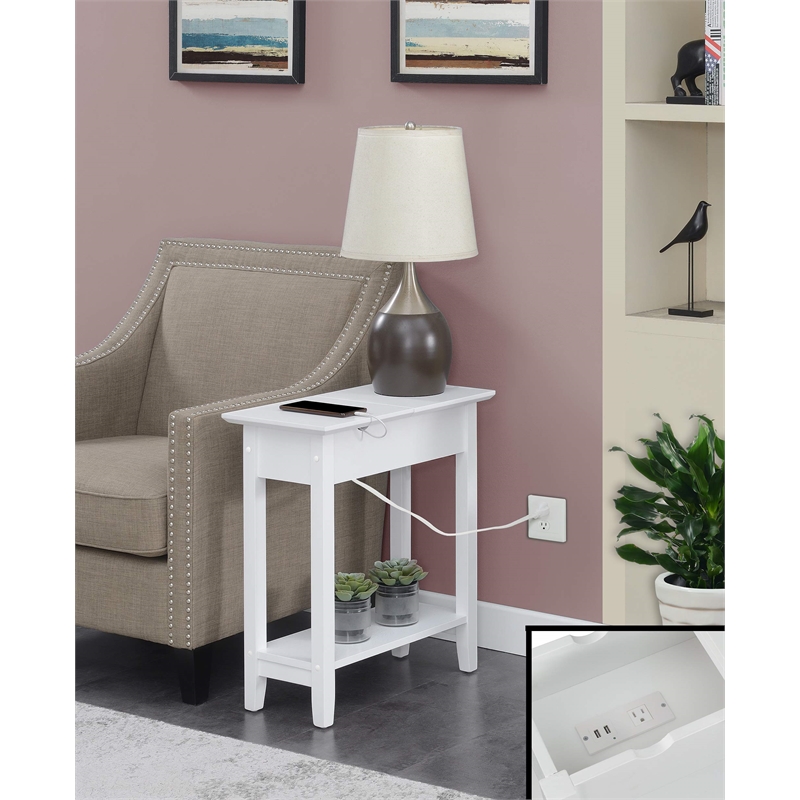 American Heritage Flip-Top End Table with Charging Station in White Wood Finish