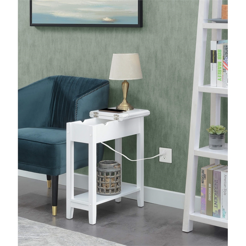 American Heritage Flip-Top End Table with Charging Station in White Wood Finish