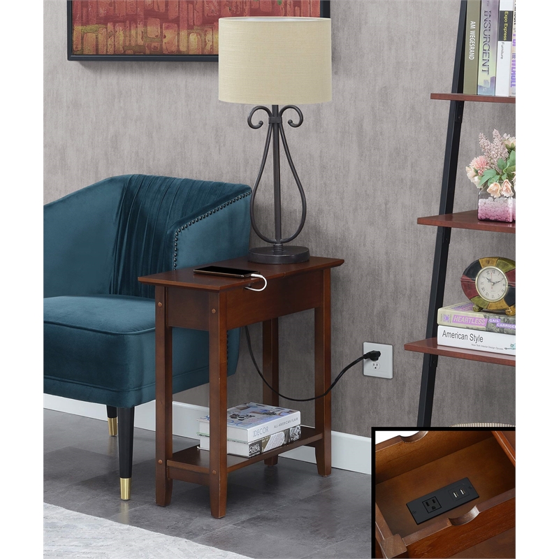 American Heritage Flip-Top End Table with Charging Station in Espresso Wood