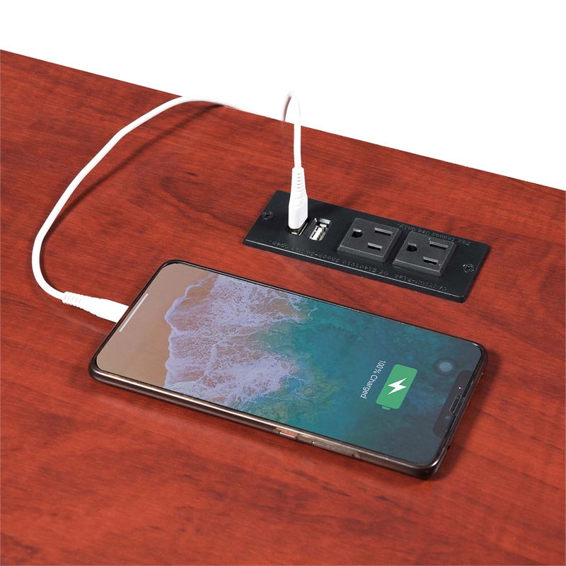 Designs2Go Trestle Desk with Charging Station in Cherry Wood Finish with Shelves