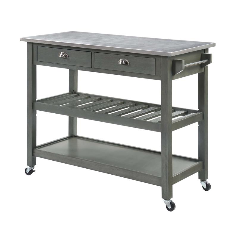 American Heritage Stainless Steel Top Kitchen Cart in Gray Wood Finish