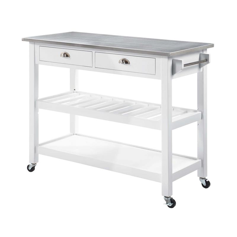 American Heritage Stainless Steel Top Kitchen Cart in White Wood Finish
