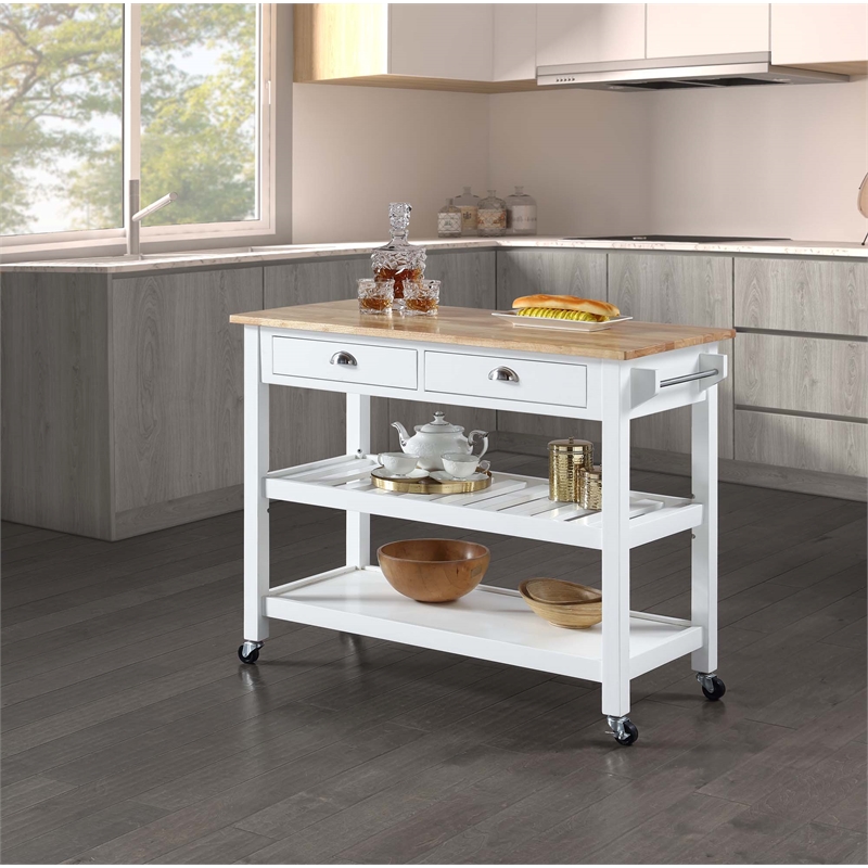 American Heritage Butcher Block Top Kitchen Cart in White Wood Finish