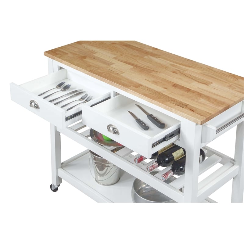 American Heritage Butcher Block Top Kitchen Cart in White Wood Finish