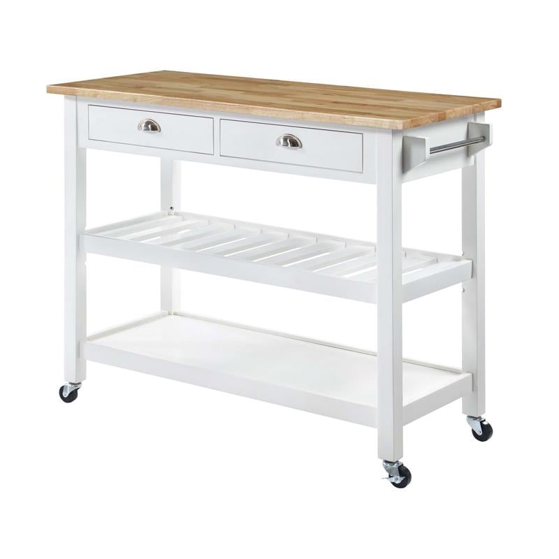 American Heritage Butcher Block Top Kitchen Cart in White Wood Finish