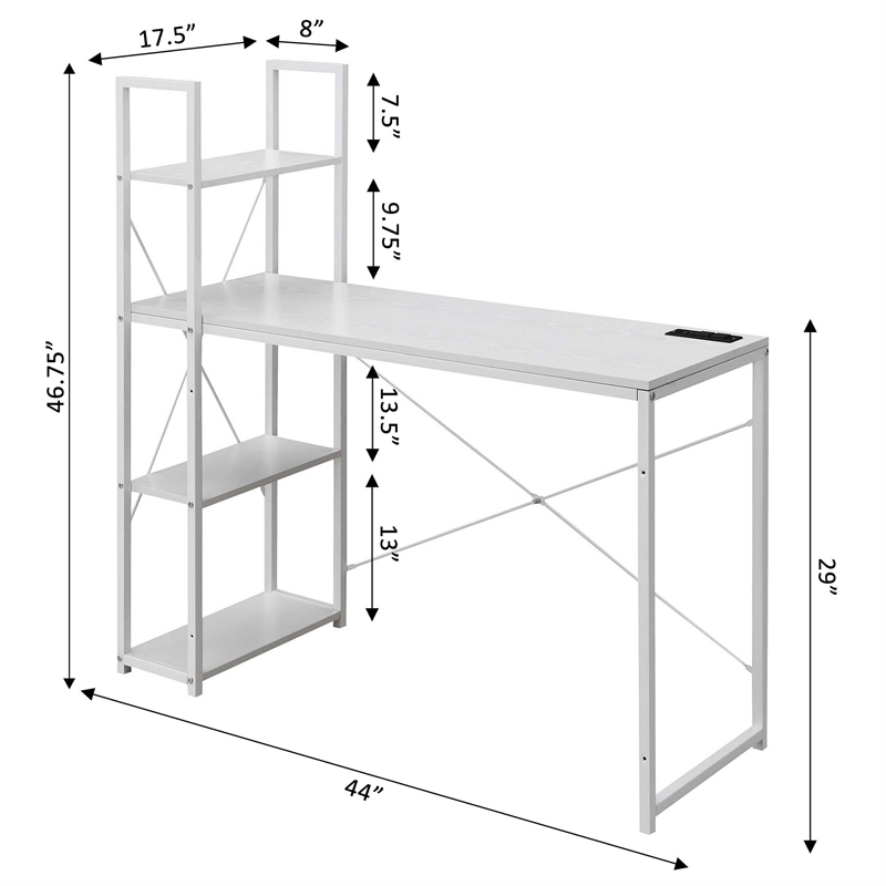 Designs2Go Office Workstation with Charging Station and Shelves in White Wood
