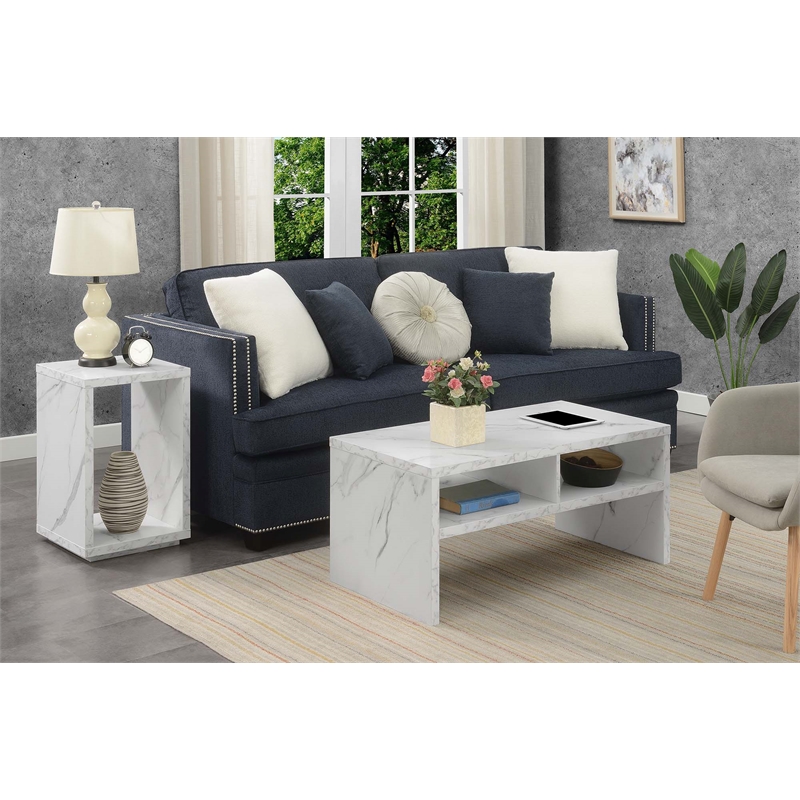 Northfield Admiral Deluxe Coffee Table with Shelves in White Marble Wood Finish