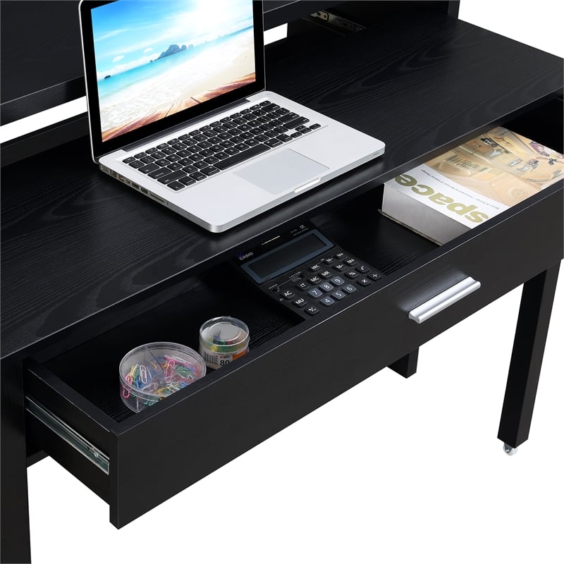 Newport JB Console/Sliding Desk with Drawer and Riser in Black Wood Finish
