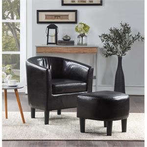 Take-a-Seat Churchill Accent Chair with Ottoman in Black Faux Leather Fabric