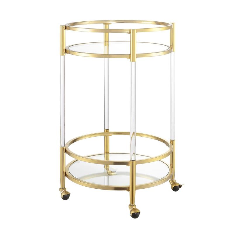 Royal Crest Two-Tier Acrylic Round Bar Cart in Clear Glass with Gold Metal Frame