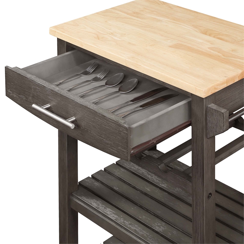Ellaine Four-Tier Butcher Block Kitchen Cart w/ Drawer & Wine Rack in Gray Wood