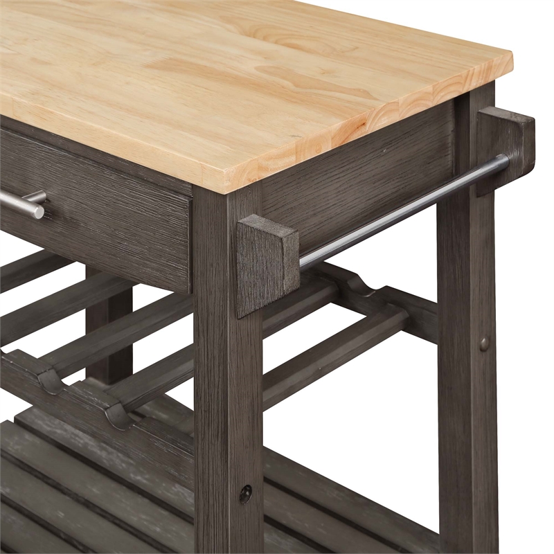 Ellaine Four-Tier Butcher Block Kitchen Cart w/ Drawer & Wine Rack in Gray Wood