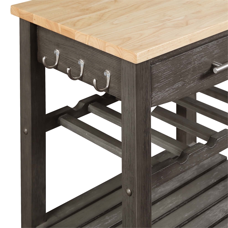 Ellaine Four-Tier Butcher Block Kitchen Cart w/ Drawer & Wine Rack in Gray Wood