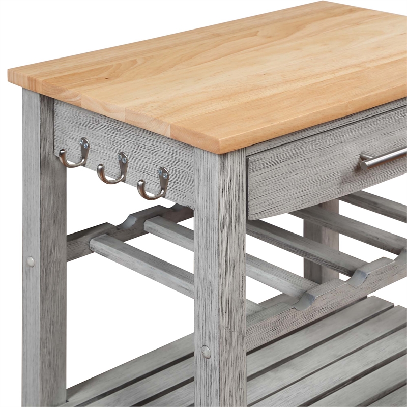 Ellaine Four-Tier Butcher Block Kitchen Cart w/ Drawer & Wine Rack in Gray Wood