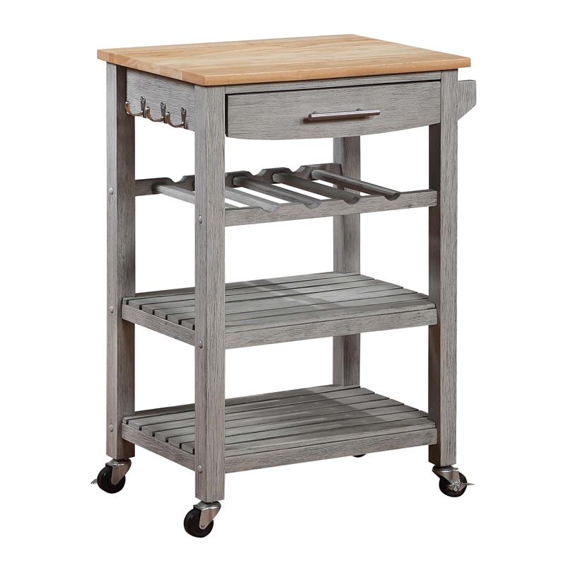 Ellaine Four-Tier Butcher Block Kitchen Cart w/ Drawer & Wine Rack in Gray Wood