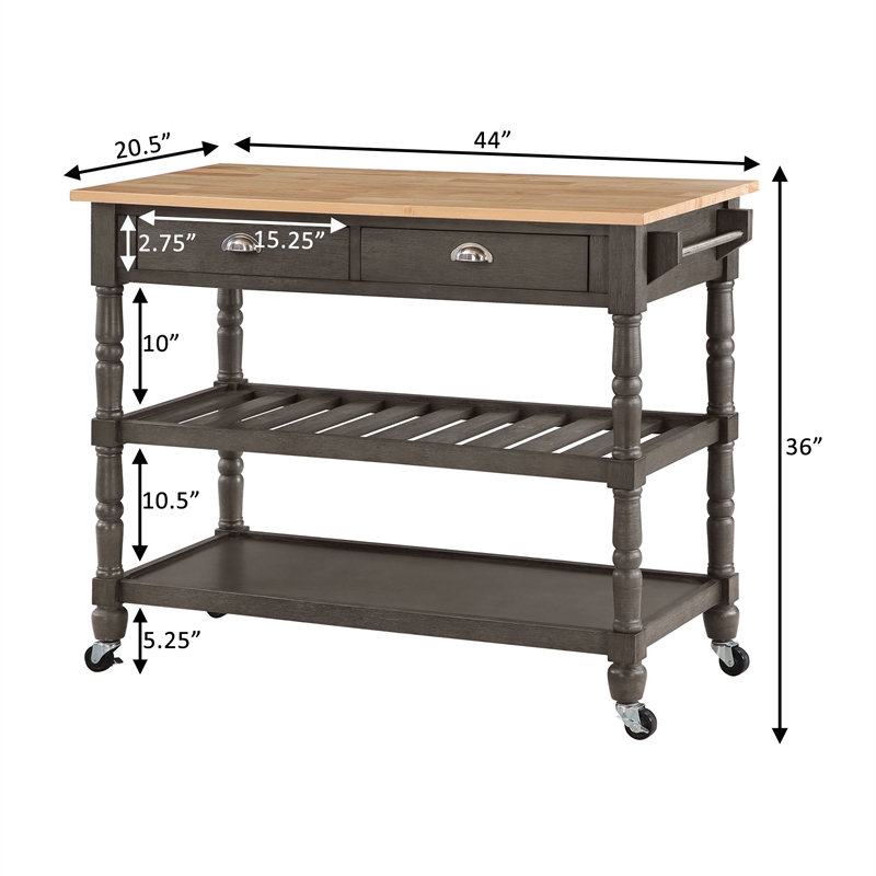 French Country Three-Tier Butcher Block Kitchen Cart w/Drawers in Gray Wood