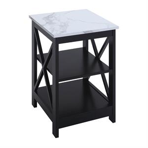Oxford End Table with Shelves in White Faux Marble and Black Wood Finish