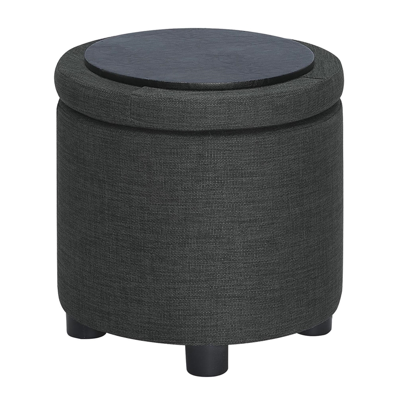 Designs4Comfort Round Accent Storage Ottoman w/Reversible Lid in Gray Fabric