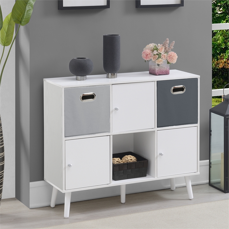 Xtra Storage Cube Console Table w/Three Cubbies and Three Cabinets in White Wood