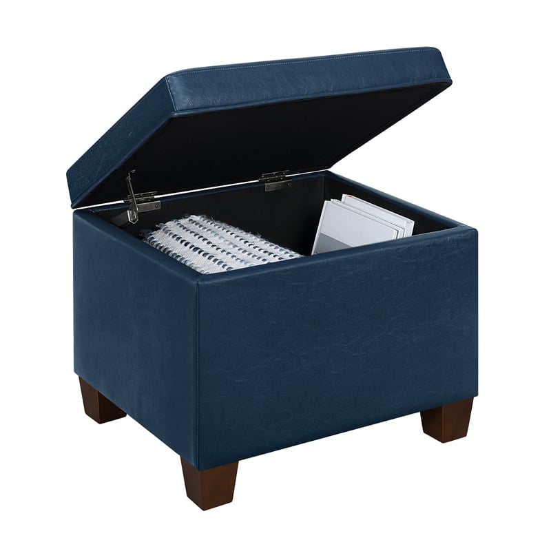 Madison Storage Ottoman in Blue Faux Leather with Solid Wood Feet