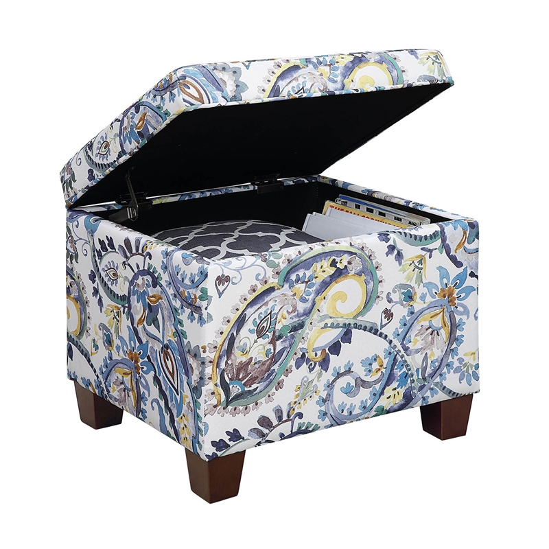Madison Storage Ottoman in Blue Print Fabric with Solid Wood Feet