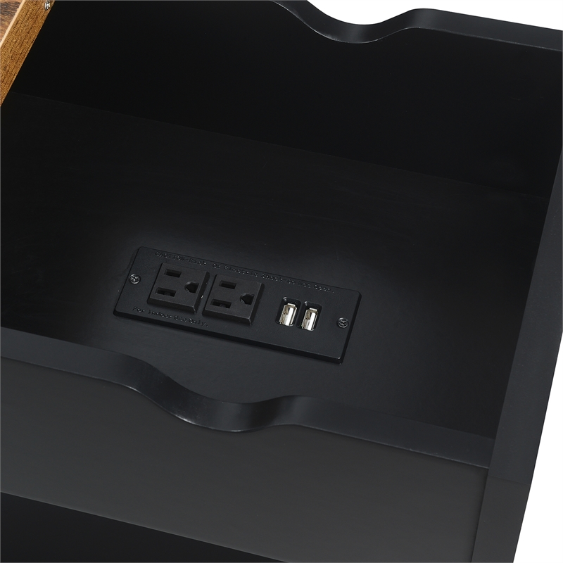 Oxford Flip-Top End Table with Charging Station and Shelf in Black Wood Finish