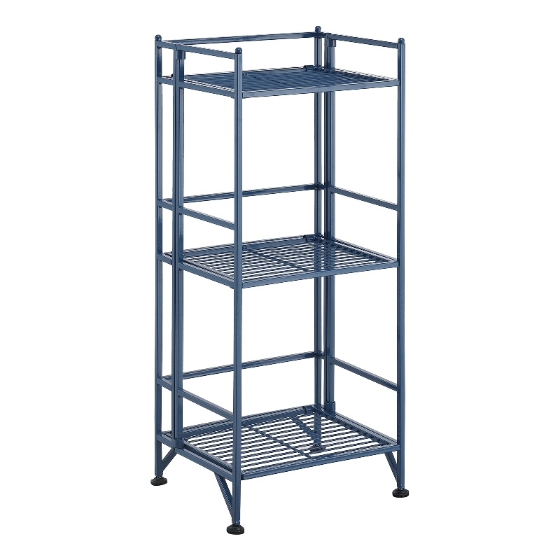 Xtra Storage Three-Tier Folding Metal Shelf with Cobalt Blue Metal Frame