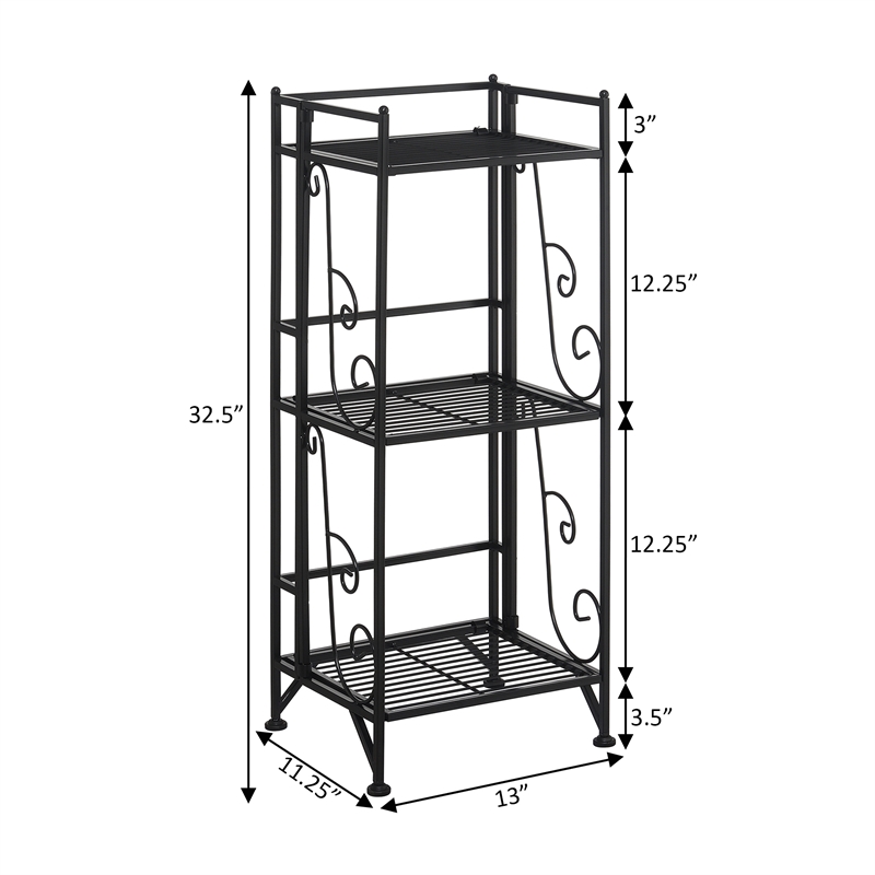 Xtra Storage Three-Tier Folding Metal Shelf with Scroll Design in Black Metal