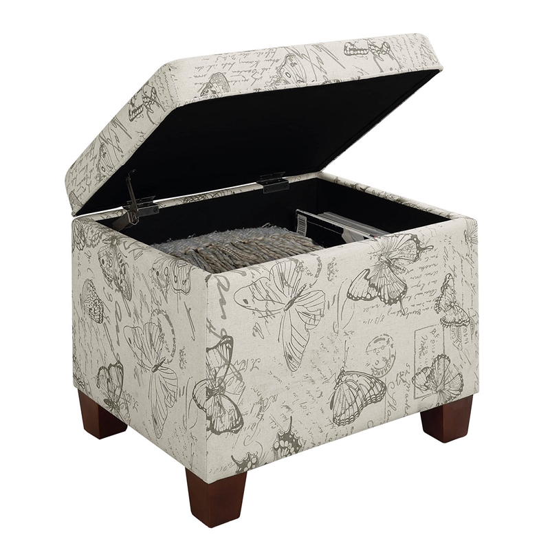 Convenience Concepts Madison Storage Ottoman in Cream Butterfly Print Fabric