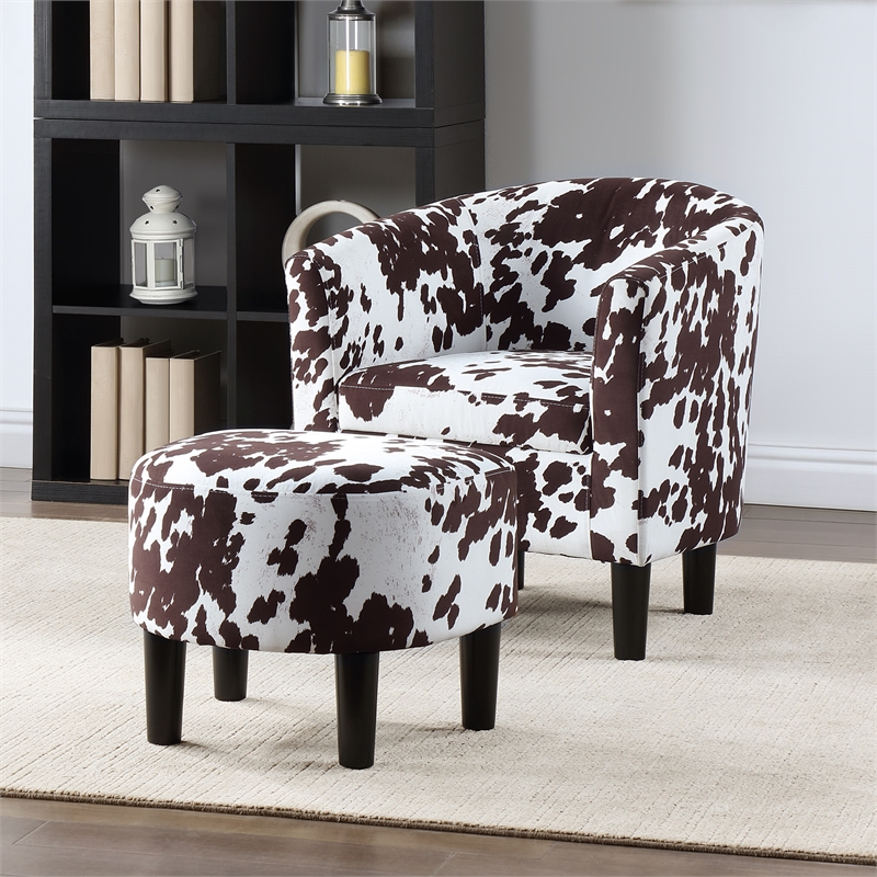 Take a Seat Churchill Accent Chair w/Ottoman in White and Brown Cowhide Fabric